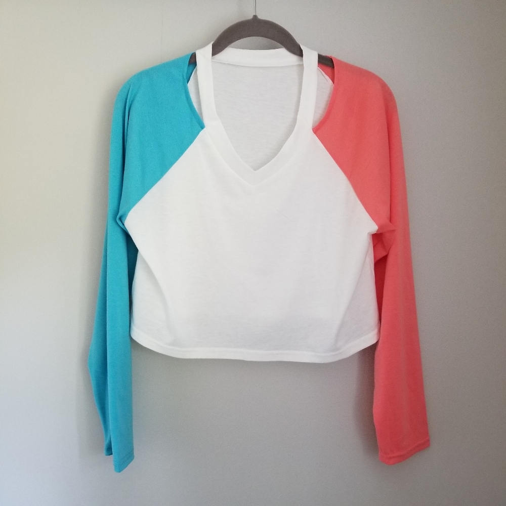 Colorblock Top with Cutouts on Shoulder, White, Blue, Orange - NWOT